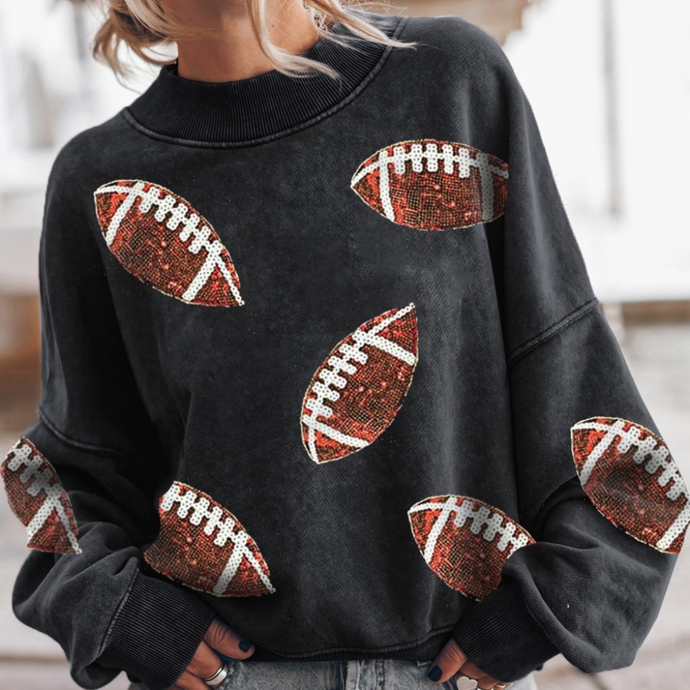 Black Football Sparkle Crew Neck Sweater Game Day Sweater - Picture 1 of 5